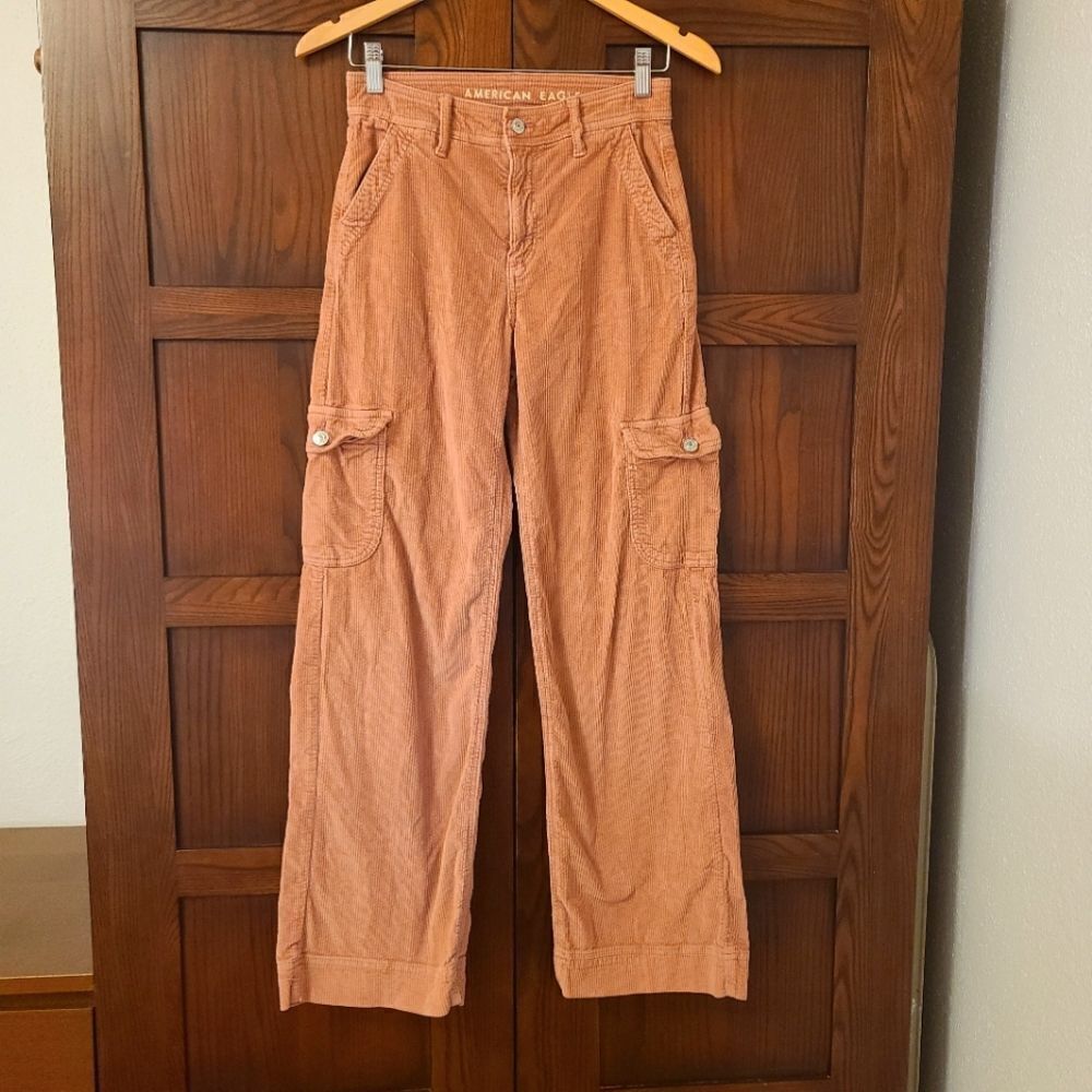 American Eagle Cargo Pants Salmon Pink Corduroy Super High Rise Baggy Wide Leg - Picture 2 of 10